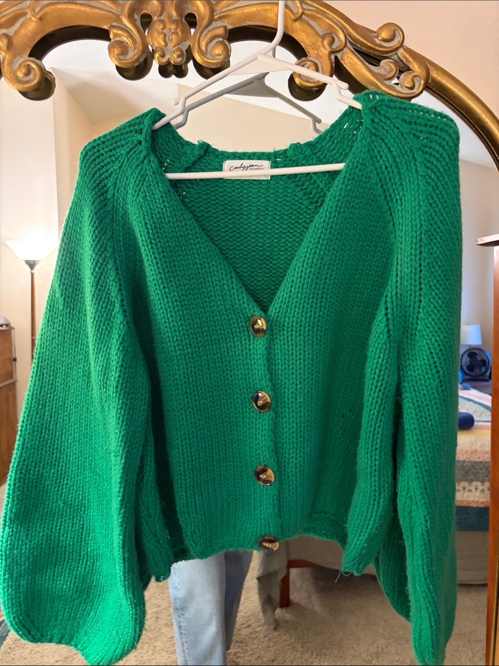 Carly Jean Los Angeles Libby Sweater Emerald Green Chunky V-Neck Cardigan